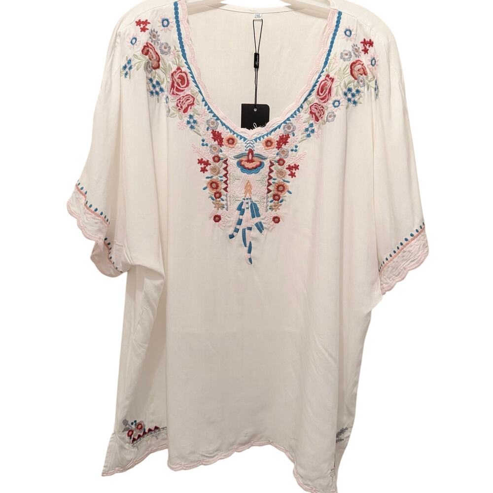 NWT Higustar Women's Plus Size Mexican Embroidered Peasant Blouse Size 2XL